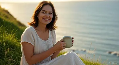 شخصی نشسته بر تپه‌ای سبز کنار دریا، در حال نوشیدن از فنجان و لذت بردن از منظره آرام.