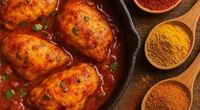 ک کاسه خورشت ایرانی داغ با ادویه تازه در قاشق چوبی