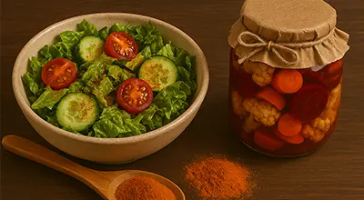 سالاد سبزیجات تازه همراه با شیشه ترشی خانگی و قاشق چوبی حاوی ادویه قرمز.