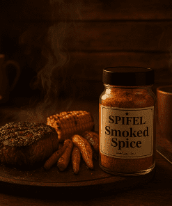 ادویه دودی SPIFEL کنار استیک گریل‌شده و سبزیجات دودی در آشپزخانه‌ای چوبی