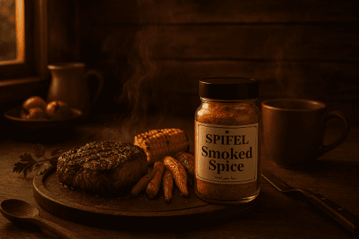 ادویه دودی SPIFEL کنار استیک گریل‌شده و سبزیجات دودی در آشپزخانه‌ای چوبی