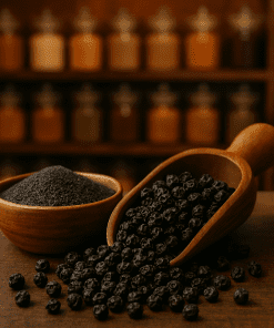 دانه و پودر فلفل سیاه اسپایفل در ظرف و قاشق چوبی روی پیشخوان مغازه ادویه‌فروشی با پس‌زمینه مات قفسه‌های ادویه