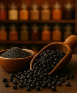 دانه و پودر فلفل سیاه اسپایفل در ظرف و قاشق چوبی روی پیشخوان مغازه ادویه‌فروشی با پس‌زمینه مات قفسه‌های ادویه
