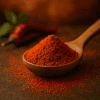 پودر فلفل قرمز اسپایفل در قاشق چوبی بههمراه دانههای فلفل کامل