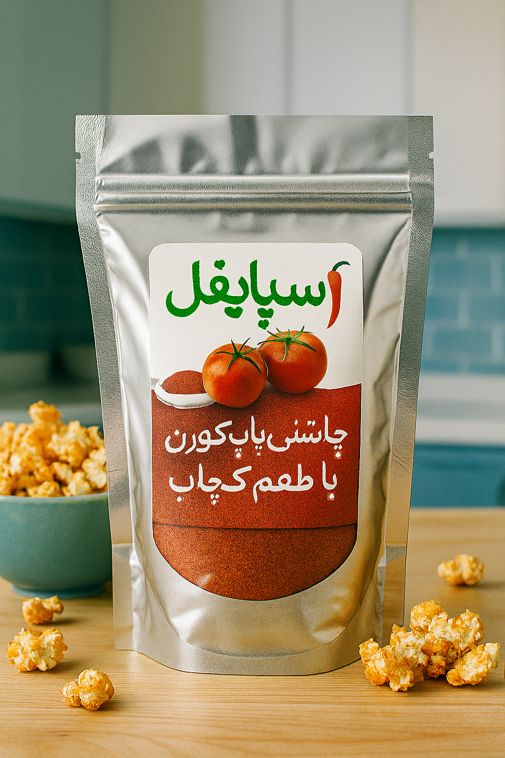 چاشنی پاپکورن اسپایفل با طعم کچاپ در بستهبندی متالایز کنار پاپکورن طعمدار