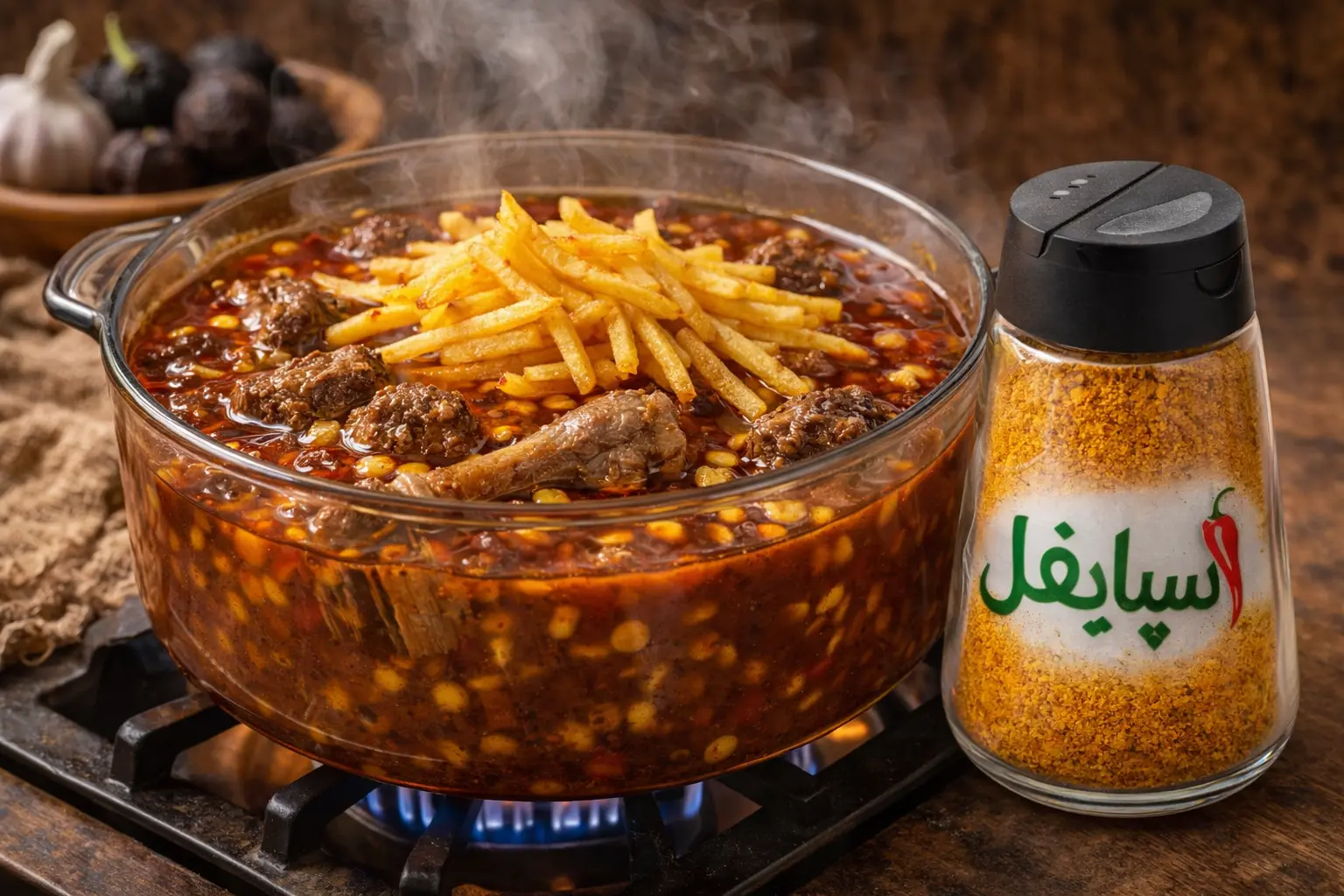 ادویه خورشت قیمه اسپایفل در نمکدان شیشه‌ای کنار خورشت قیمه در حال پخت