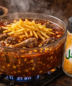 ادویه خورشت قیمه اسپایفل در نمکدان شیشه‌ای کنار خورشت قیمه در حال پخت