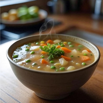 سوپ سبزیجات با تکه‌های مرغ 🍜