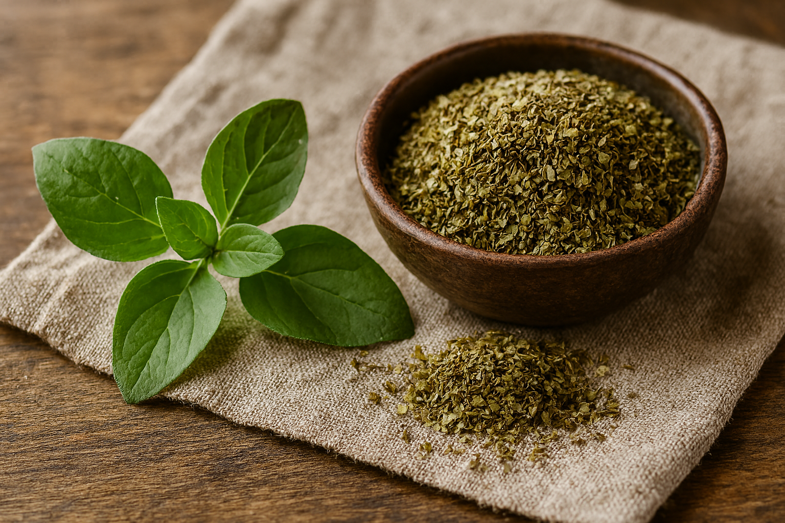 پونه کوهی خشک اسپایفل همراه با برگ تازه روی سفره سنتی – ادویه طبیعی و معطر برای غذاهای ایرانی