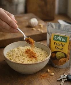 اضافه کردن ادویه فلافل خانگی به خمیر نخود چرخ‌شده برای تهیه فلافل خوش‌طعم