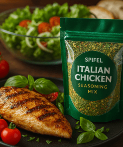 چاشنی جوجه ایتالیایی اسپایفل با مرغ گریل‌شده، گوجه گیلاسی و برگ ریحان تازه