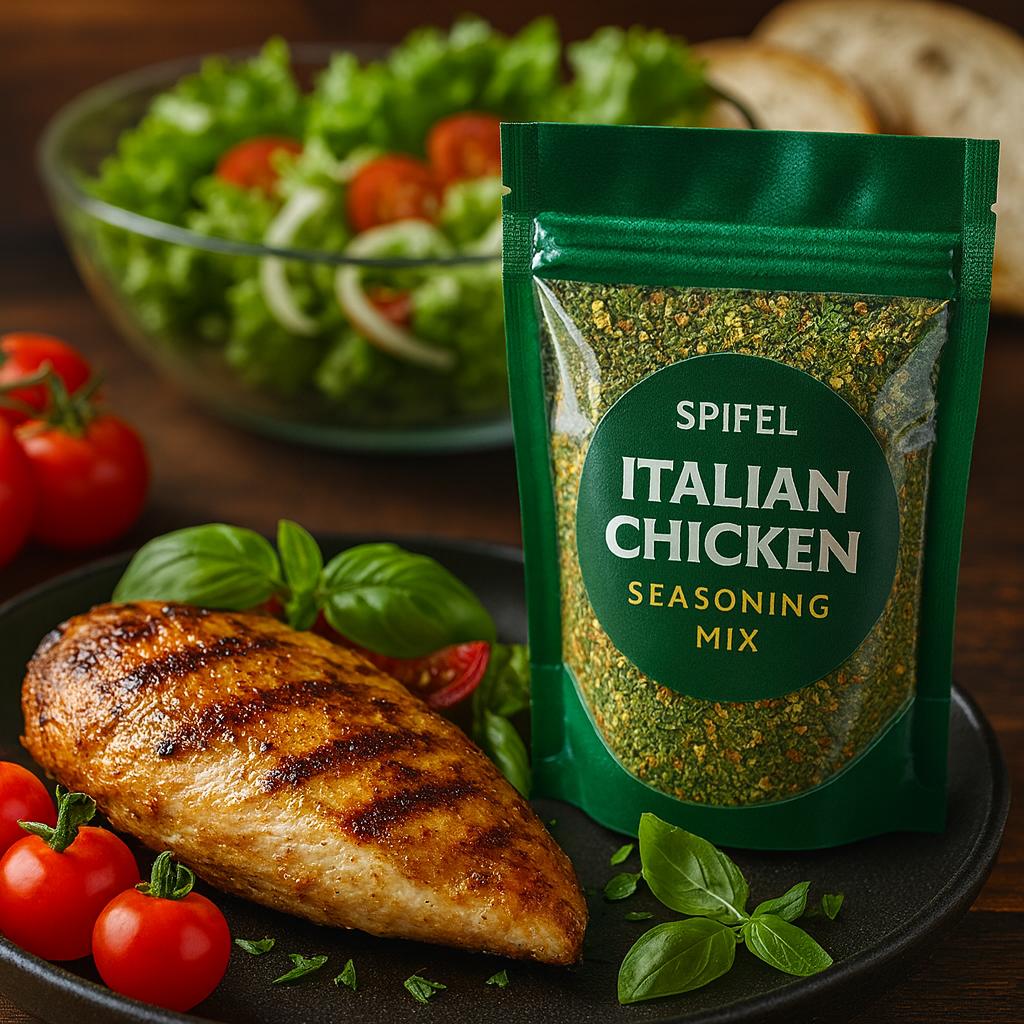 چاشنی جوجه ایتالیایی اسپایفل با مرغ گریلشده، گوجه گیلاسی و برگ ریحان تازه