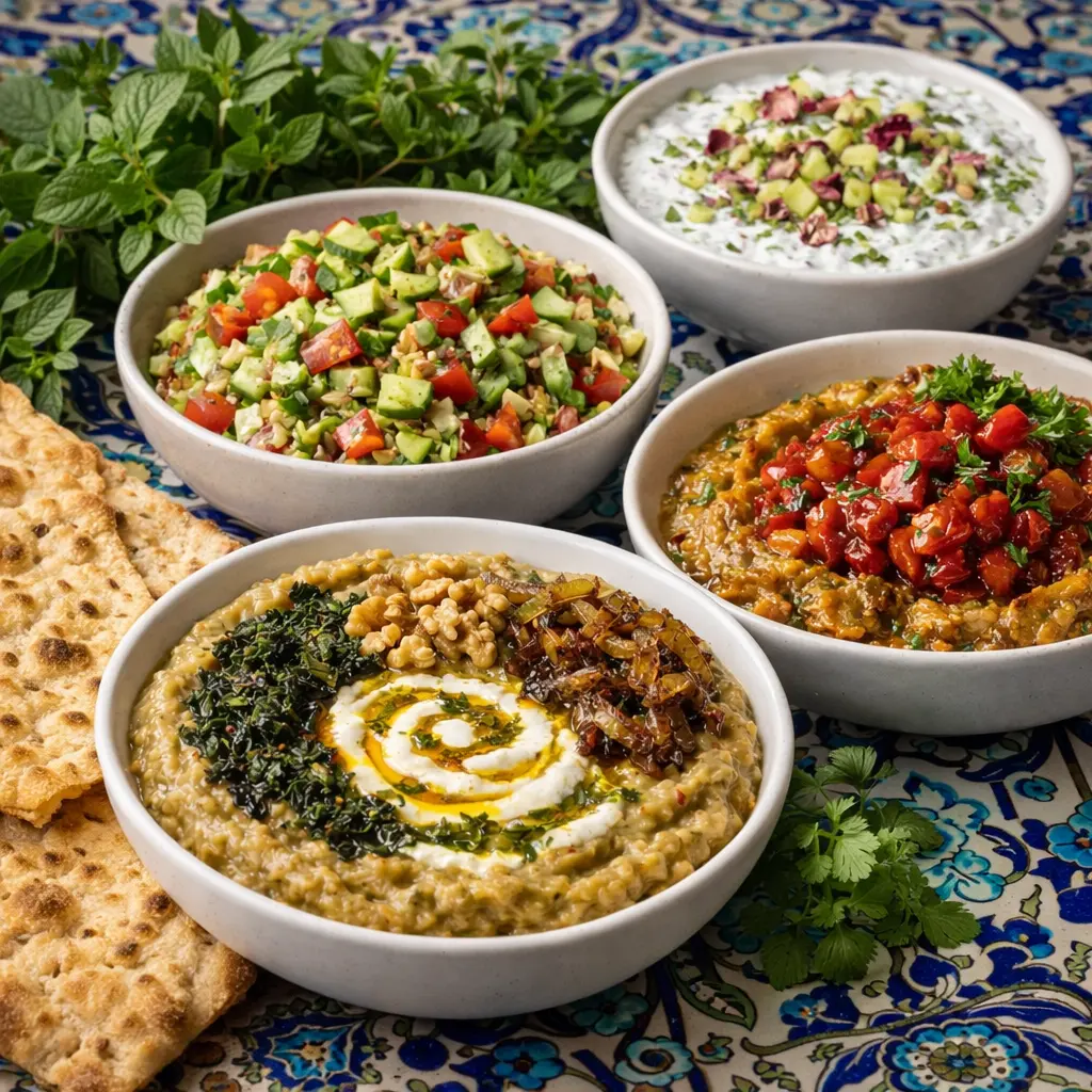 پیش‌غذاهای ایرانی شامل کشک بادمجان، میرزا قاسمی، سالاد شیرازی و بورانی با ادویه‌های مخصوص