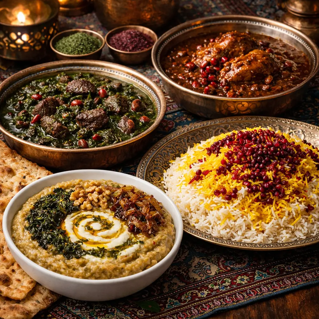 انواع غذاهای اصلی ایرانی شامل خورش‌ها و پلوهای سنتی با ادویه‌های معطر
